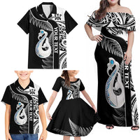 Personalised New Zealand Darts Family Matching Off Shoulder Maxi Dress and Hawaiian Shirt Aotearoa Fern Mix Paua Shell Manaia - Black LT14 - Polynesian Pride