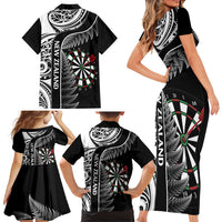 Personalised New Zealand Darts Family Matching Short Sleeve Bodycon Dress and Hawaiian Shirt Aotearoa Fern Mix Paua Shell Manaia - Black LT14 - Polynesian Pride