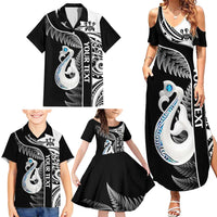 Personalised New Zealand Darts Family Matching Summer Maxi Dress and Hawaiian Shirt Aotearoa Fern Mix Paua Shell Manaia - Black LT14 - Polynesian Pride