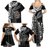 Personalised New Zealand Darts Family Matching Summer Maxi Dress and Hawaiian Shirt Aotearoa Fern Mix Paua Shell Manaia - Black LT14 - Polynesian Pride
