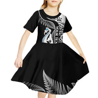Personalised New Zealand Darts Kid Short Sleeve Dress Aotearoa Fern Mix Paua Shell Manaia - Black LT14 - Polynesian Pride