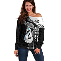 Personalised New Zealand Darts Off Shoulder Sweater Aotearoa Fern Mix Paua Shell Manaia - Black LT14 Women Black - Polynesian Pride