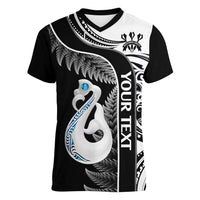Personalised New Zealand Darts Women V-Neck T-Shirt Aotearoa Fern Mix Paua Shell Manaia - Black LT14 Female Black - Polynesian Pride
