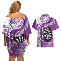 Personalised New Zealand Darts Couples Matching Off Shoulder Short Dress and Hawaiian Shirt Aotearoa Fern Mix Paua Shell Manaia - Purple LT14 - Polynesian Pride