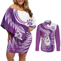 Personalised New Zealand Darts Couples Matching Off Shoulder Short Dress and Long Sleeve Button Shirt Aotearoa Fern Mix Paua Shell Manaia - Purple LT14 Purple - Polynesian Pride