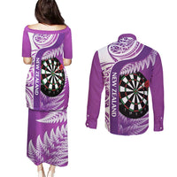Personalised New Zealand Darts Couples Matching Puletasi and Long Sleeve Button Shirt Aotearoa Fern Mix Paua Shell Manaia - Purple LT14 - Polynesian Pride