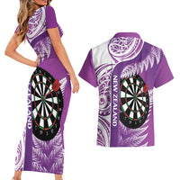 Personalised New Zealand Darts Couples Matching Short Sleeve Bodycon Dress and Hawaiian Shirt Aotearoa Fern Mix Paua Shell Manaia - Purple LT14 - Polynesian Pride