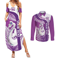 Personalised New Zealand Darts Couples Matching Summer Maxi Dress and Long Sleeve Button Shirt Aotearoa Fern Mix Paua Shell Manaia - Purple LT14 Purple - Polynesian Pride