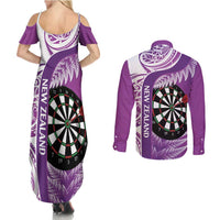Personalised New Zealand Darts Couples Matching Summer Maxi Dress and Long Sleeve Button Shirt Aotearoa Fern Mix Paua Shell Manaia - Purple LT14 - Polynesian Pride
