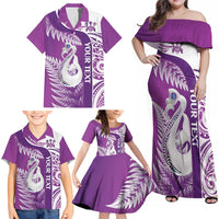 Personalised New Zealand Darts Family Matching Off Shoulder Maxi Dress and Hawaiian Shirt Aotearoa Fern Mix Paua Shell Manaia - Purple LT14 - Polynesian Pride