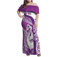 Personalised New Zealand Darts Family Matching Off Shoulder Maxi Dress and Hawaiian Shirt Aotearoa Fern Mix Paua Shell Manaia - Purple LT14 Mom's Dress Purple - Polynesian Pride