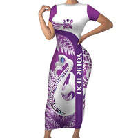 Personalised New Zealand Darts Family Matching Short Sleeve Bodycon Dress and Hawaiian Shirt Aotearoa Fern Mix Paua Shell Manaia - Purple LT14 Mom's Dress Purple - Polynesian Pride