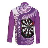 Personalised New Zealand Darts Long Sleeve Button Shirt Aotearoa Fern Mix Paua Shell Manaia - Purple LT14 - Polynesian Pride