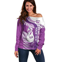 Personalised New Zealand Darts Off Shoulder Sweater Aotearoa Fern Mix Paua Shell Manaia - Purple LT14 Women Purple - Polynesian Pride