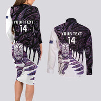 New Zealand Silver Fern Rugby Custom Couples Matching Long Sleeve Bodycon Dress and Long Sleeve Button Shirt Go All Black Purple Maori Paua Shell - Polynesian Pride