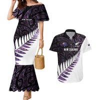 New Zealand Silver Fern Rugby Custom Couples Matching Mermaid Dress and Hawaiian Shirt Go All Black Purple Maori Paua Shell - Polynesian Pride