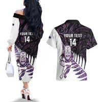 New Zealand Silver Fern Rugby Custom Couples Matching Off The Shoulder Long Sleeve Dress and Hawaiian Shirt Go All Black Purple Maori Paua Shell LT14 - Polynesian Pride