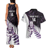 New Zealand Silver Fern Rugby Custom Couples Matching Tank Maxi Dress and Hawaiian Shirt Go All Black Purple Maori Paua Shell - Polynesian Pride