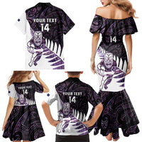 New Zealand Silver Fern Rugby Custom Family Matching Mermaid Dress and Hawaiian Shirt Go All Black Purple Maori Paua Shell LT14 - Polynesian Pride