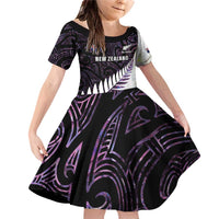New Zealand Silver Fern Rugby Custom Family Matching Off Shoulder Short Dress and Hawaiian Shirt Go All Black Purple Maori Paua Shell LT14 Daughter's Dress Purple - Polynesian Pride