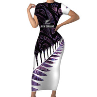 New Zealand Silver Fern Rugby Custom Family Matching Short Sleeve Bodycon Dress and Hawaiian Shirt Go All Black Purple Maori Paua Shell LT14 Mom's Dress Purple - Polynesian Pride