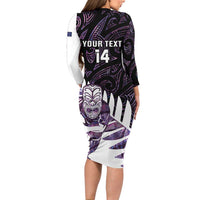 New Zealand Silver Fern Rugby Custom Long Sleeve Bodycon Dress Go All Black Purple Maori Paua Shell LT14 - Polynesian Pride