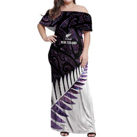 New Zealand Silver Fern Rugby Custom Off Shoulder Maxi Dress Go All Black Purple Maori Paua Shell LT14 Women Purple - Polynesian Pride