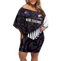 New Zealand Silver Fern Rugby Custom Off Shoulder Short Dress Go All Black Purple Maori Paua Shell LT14 Women Purple - Polynesian Pride