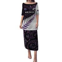 New Zealand Silver Fern Rugby Custom Puletasi Go All Black Purple Maori Paua Shell LT14 Long Dress Purple - Polynesian Pride