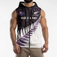 New Zealand Silver Fern Rugby Custom Sleeveless Zip Hoodie Go All Black Purple Maori Paua Shell LT14 - Polynesian Pride
