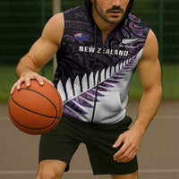 New Zealand Silver Fern Rugby Custom Sleeveless Zip Hoodie Go All Black Purple Maori Paua Shell LT14 - Polynesian Pride