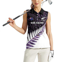 New Zealand Silver Fern Rugby Custom Women Sleeveless Polo Shirt Go All Black Purple Maori Paua Shell LT14 - Polynesian Pride