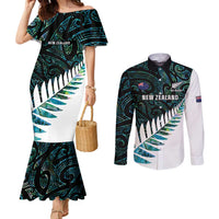 New Zealand Silver Fern Rugby Custom Couples Matching Mermaid Dress and Long Sleeve Button Shirt Go All Black Turquoise Maori Paua Shell - Polynesian Pride