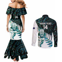 New Zealand Silver Fern Rugby Custom Couples Matching Mermaid Dress and Long Sleeve Button Shirt Go All Black Turquoise Maori Paua Shell - Polynesian Pride