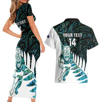 New Zealand Silver Fern Rugby Custom Couples Matching Short Sleeve Bodycon Dress and Hawaiian Shirt Go All Black Turquoise Maori Paua Shell - Polynesian Pride