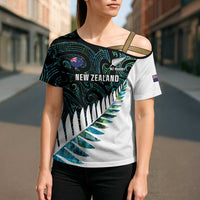 New Zealand Silver Fern Rugby Custom Cross Shoulder Shirt Go All Black Turquoise Maori Paua Shell - Polynesian Pride