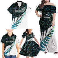 New Zealand Silver Fern Rugby Custom Family Matching Off Shoulder Maxi Dress and Hawaiian Shirt Go All Black Turquoise Maori Paua Shell LT14 - Polynesian Pride