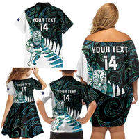 New Zealand Silver Fern Rugby Custom Family Matching Off Shoulder Short Dress and Hawaiian Shirt Go All Black Turquoise Maori Paua Shell LT14 - Polynesian Pride