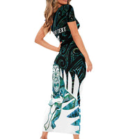 New Zealand Silver Fern Rugby Custom Short Sleeve Bodycon Dress Go All Black Turquoise Maori Paua Shell LT14 - Polynesian Pride
