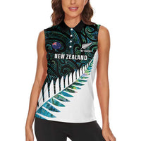 New Zealand Silver Fern Rugby Custom Women Sleeveless Polo Shirt Go All Black Turquoise Maori Paua Shell LT14 - Polynesian Pride