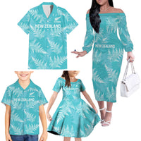 New Zealand Silver Fern Rugby Custom Family Matching Off The Shoulder Long Sleeve Dress and Hawaiian Shirt Go Aotearoa Champions Turquoise Version LT14 - Polynesian Pride