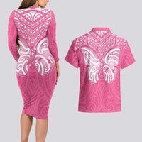 New Zealand Breast Cancer Awareness Couples Matching Long Sleeve Bodycon Dress and Hawaiian Shirt Maori Butterfly Pink Ribbon LT14 - Polynesian Pride