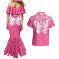 New Zealand Breast Cancer Awareness Couples Matching Mermaid Dress and Hawaiian Shirt Maori Butterfly Pink Ribbon LT14 - Polynesian Pride