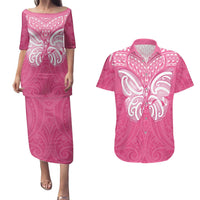 New Zealand Breast Cancer Awareness Couples Matching Puletasi and Hawaiian Shirt Maori Butterfly Pink Ribbon LT14 Pink - Polynesian Pride