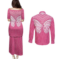 New Zealand Breast Cancer Awareness Couples Matching Puletasi and Long Sleeve Button Shirt Maori Butterfly Pink Ribbon LT14 - Polynesian Pride