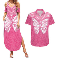 New Zealand Breast Cancer Awareness Couples Matching Summer Maxi Dress and Hawaiian Shirt Maori Butterfly Pink Ribbon LT14 Pink - Polynesian Pride