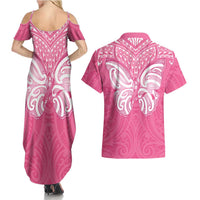 New Zealand Breast Cancer Awareness Couples Matching Summer Maxi Dress and Hawaiian Shirt Maori Butterfly Pink Ribbon LT14 - Polynesian Pride
