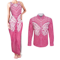 New Zealand Breast Cancer Awareness Couples Matching Tank Maxi Dress and Long Sleeve Button Shirt Maori Butterfly Pink Ribbon LT14 Pink - Polynesian Pride