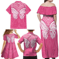 New Zealand Breast Cancer Awareness Family Matching Off Shoulder Maxi Dress and Hawaiian Shirt Maori Butterfly Pink Ribbon LT14 - Polynesian Pride