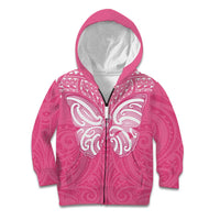 New Zealand Breast Cancer Awareness Kid Hoodie Maori Butterfly Pink Ribbon LT14 Zip Hoodie Pink - Polynesian Pride